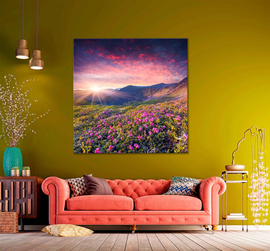Square Canvas Pink Rhododendron Flowers With Sunrise High Quality Print 100% Australian Made