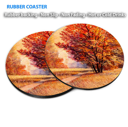Path in The Autumn Forest Oil Painting Coasters Wood & Rubber - Set of 6 Coasters