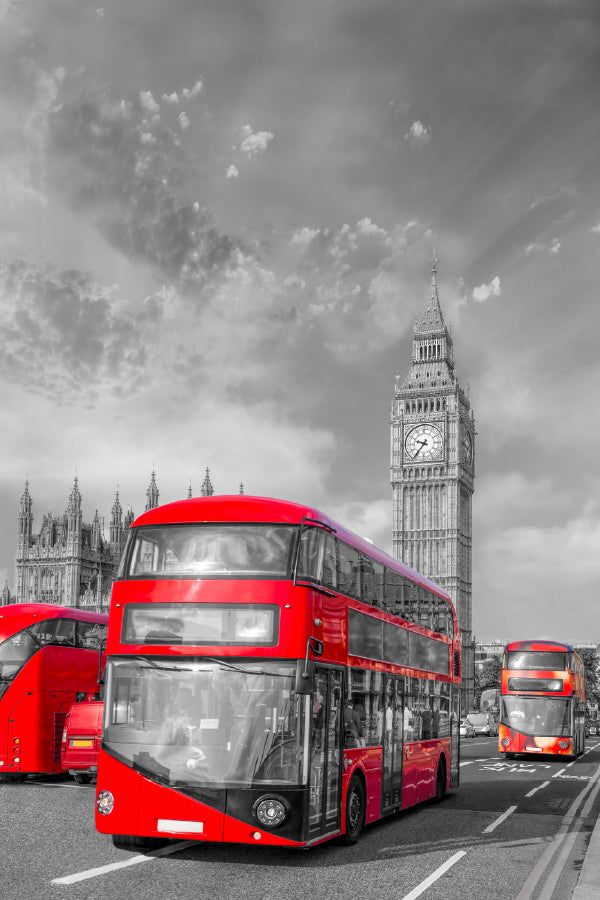 Red Buses near Bigben Tower B&W Photograph Home Decor Premium Quality Poster Print Choose Your Sizes