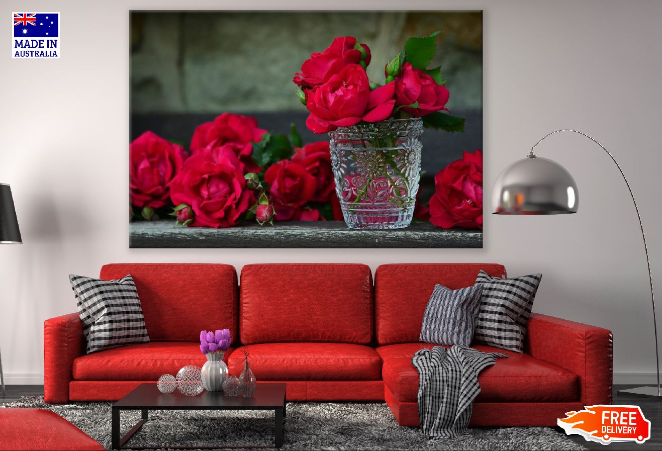 Red Roses in Flower Vase Closeup Photograph Print 100% Australian Made