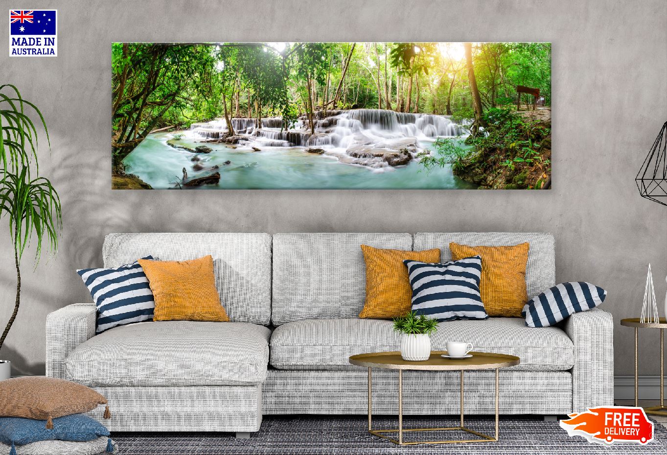 Panoramic Canvas Forest Waterfall View Photograph High Quality 100% Australian Made Wall Canvas Print Ready to Hang