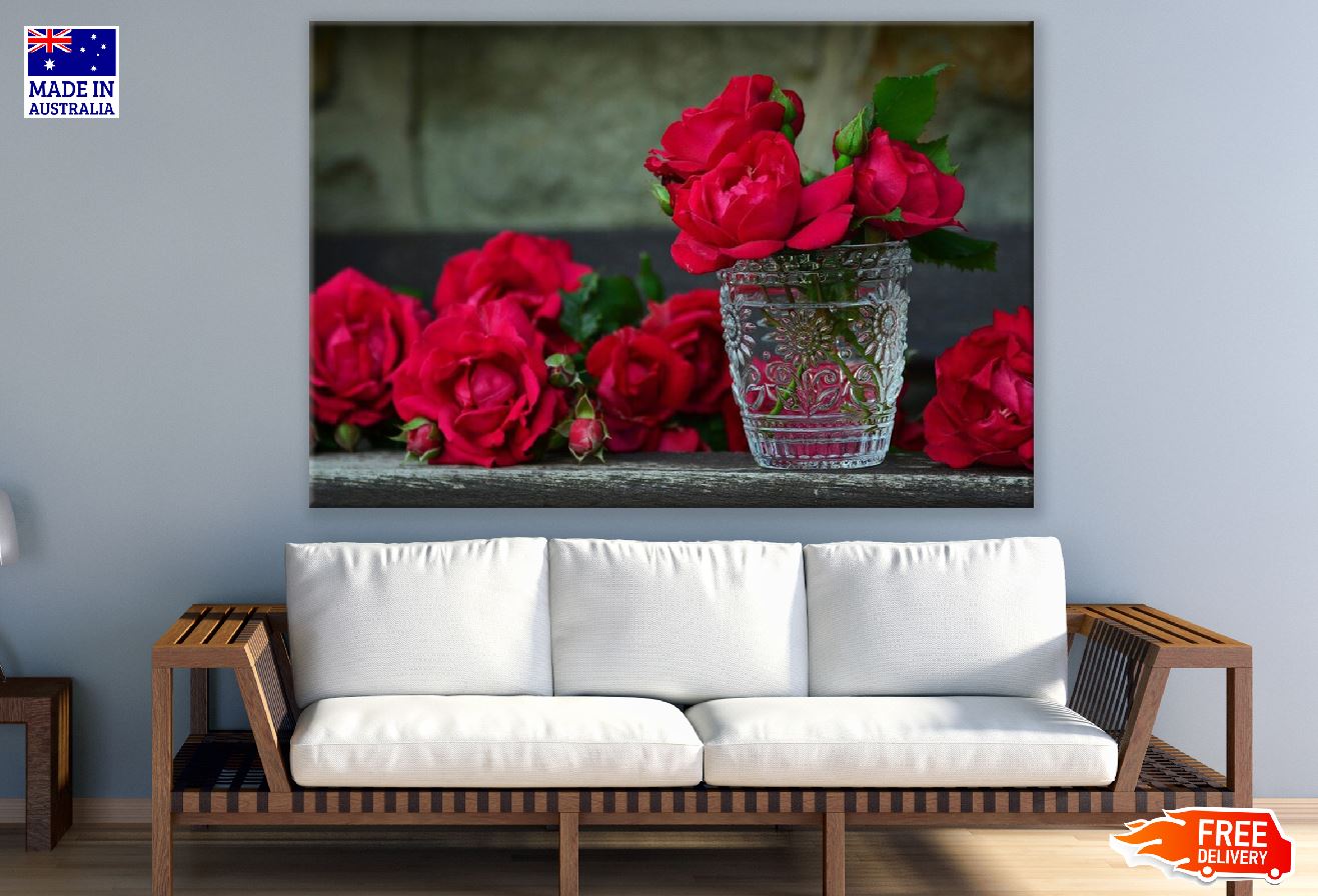 Red Roses in Flower Vase Closeup Photograph Print 100% Australian Made