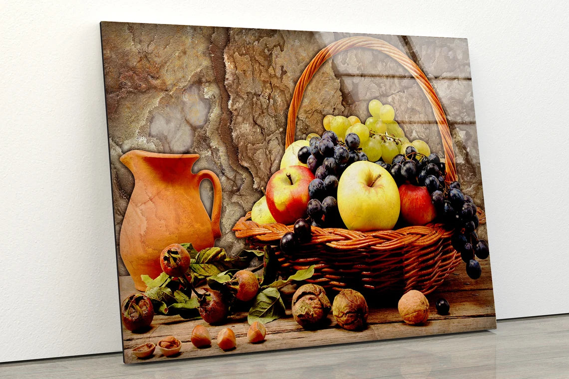 Fruit Basket on Table Oil Painting Acrylic Glass Print Tempered Glass Wall Art 100% Made in Australia Ready to Hang