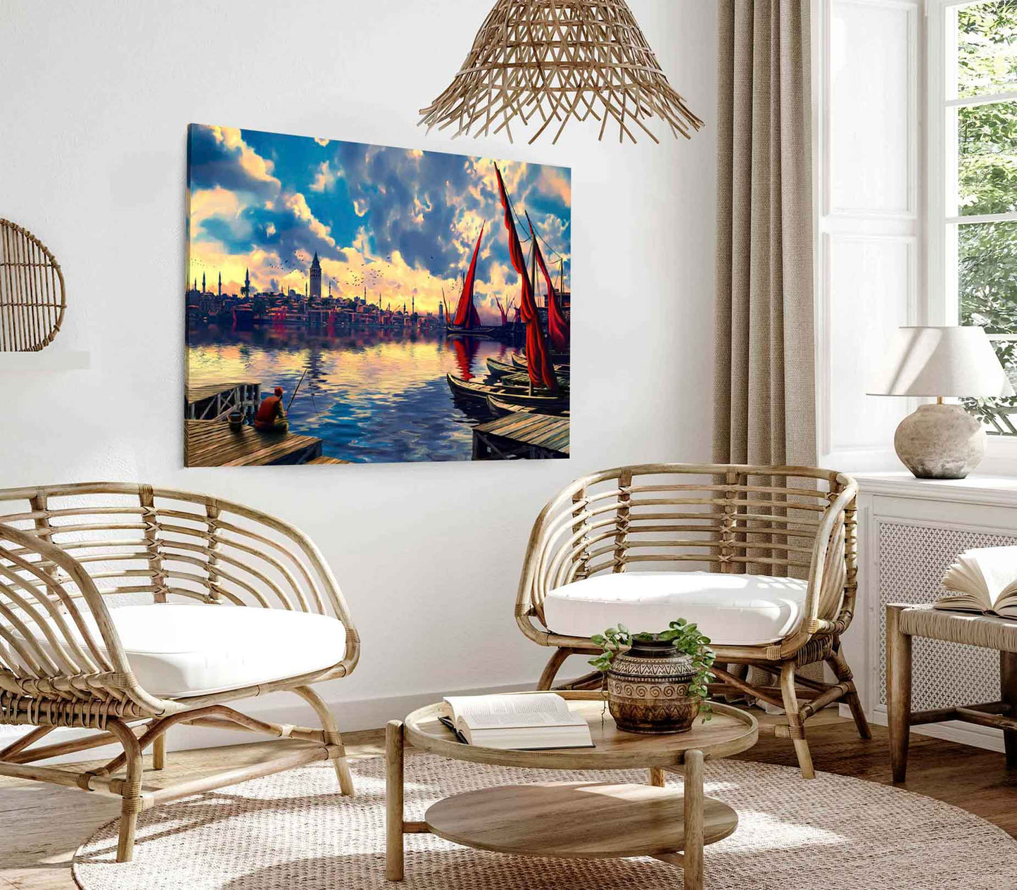 Bella Home City with Fish Boats Watercolor Print Canvas Ready to hang