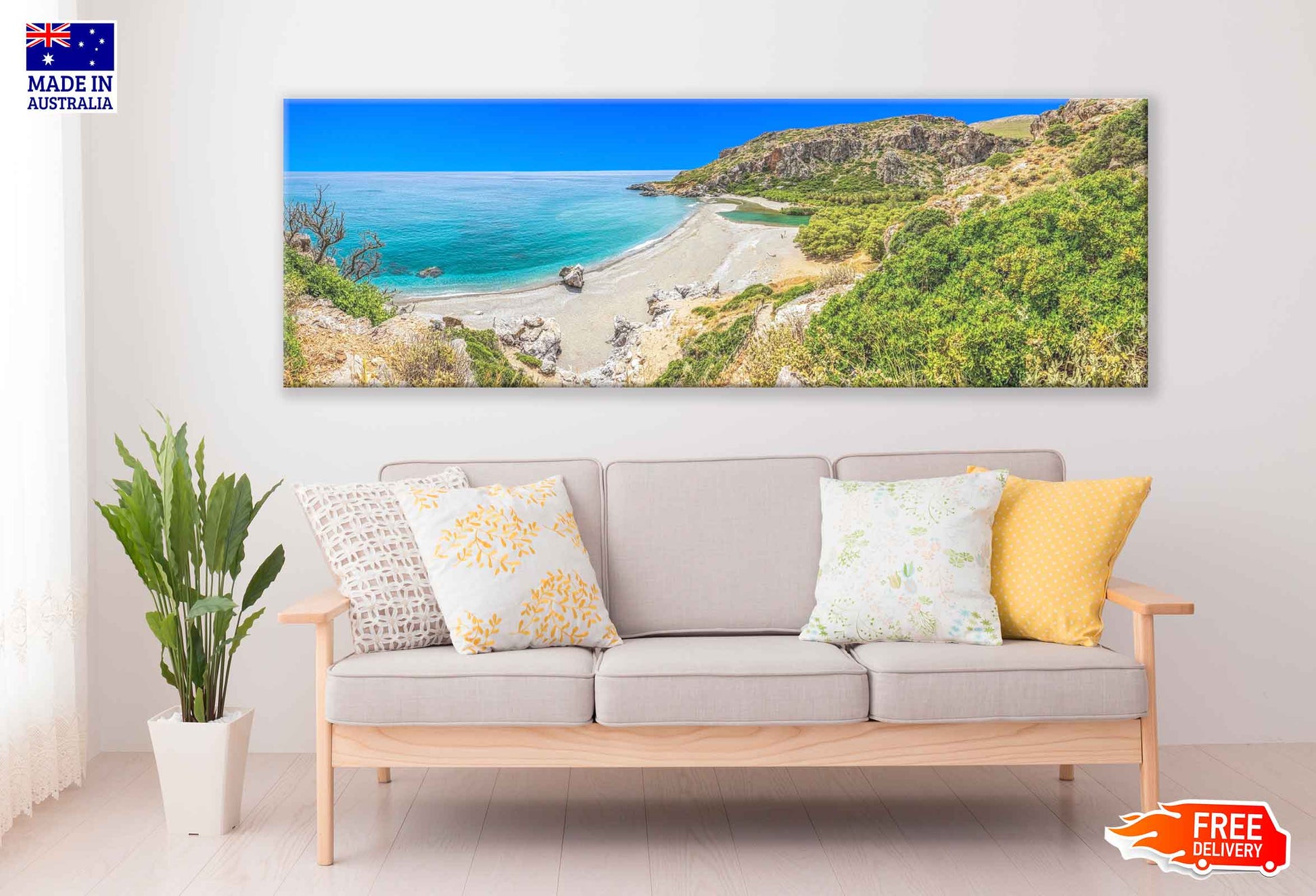 Panoramic Canvas Greek Island With Ocean View High Quality 100% Australian Made Wall Canvas Print Ready to Hang