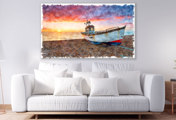 Boat On a Beach Shore Sunset oil Painting Print 100% Australian Made
