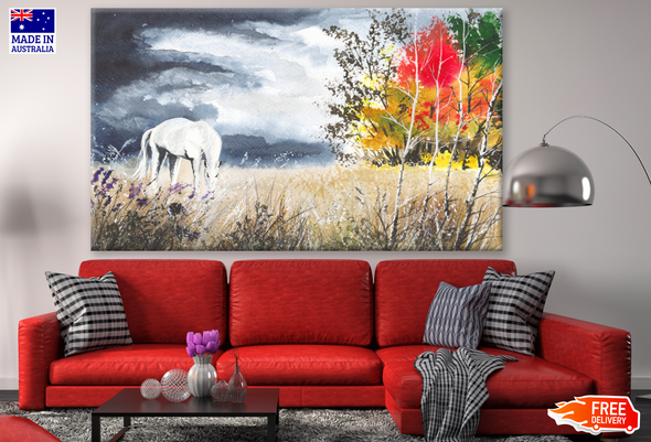 Horse on the Meadow Between Colourful Trees with Stormy Clouds Watercolor Painting Print 100% Australian Made