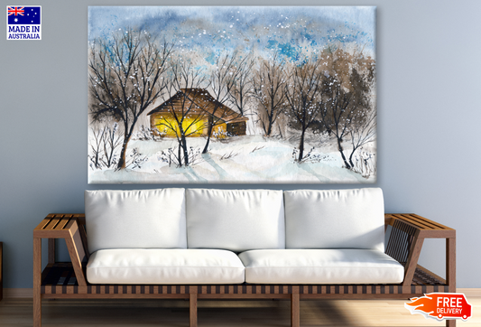 Log Cabin in Winter Snowy Forest with Falling Snow Watercolour Painting Print 100% Australian Made