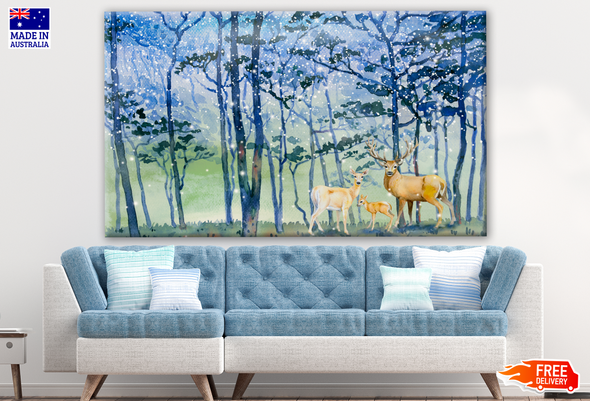 Snow Falls in Forest Winter Watercolour Landscape Deer Family Painting Print 100% Australian Made