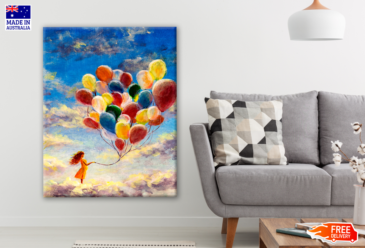 Woman with Flying Balloons on the Clouds Painting Print 100% Australian Made