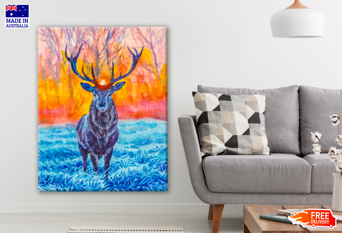 Deer with Antlers in the Autumn Forest Sunset Watercolour Painting Print 100% Australian Made