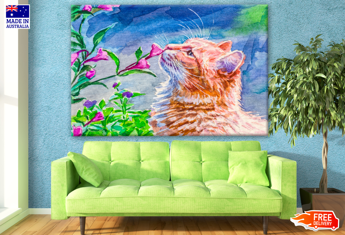 Cat Sniffing Pink Flowers Painting Print 100% Australian Made