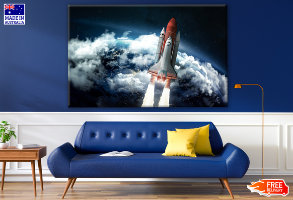 Space Shuttle in the Space Near Earth Clouds and Sky Background Print 100% Australian Made