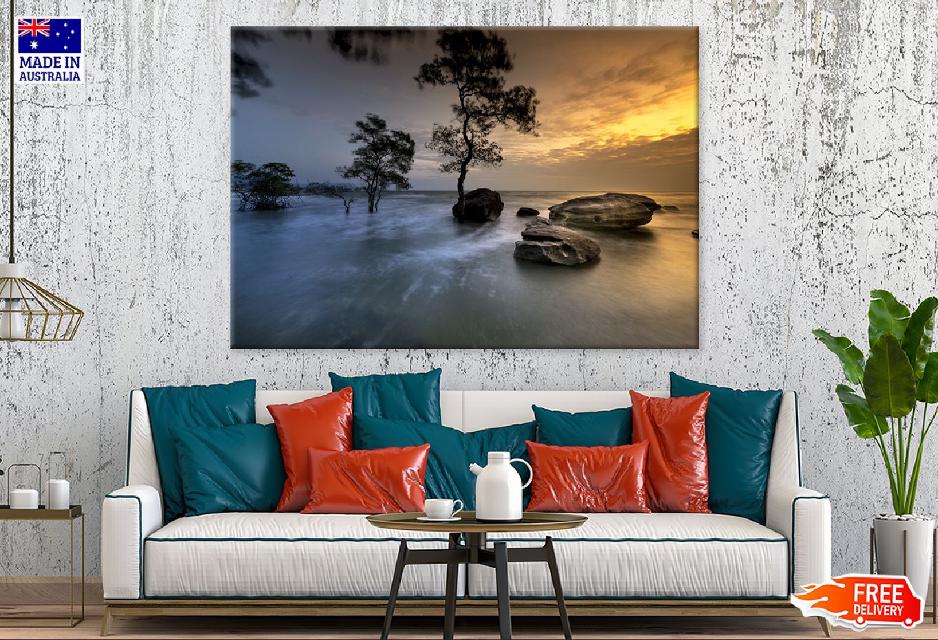 Rocks & Trees on Lake Sunset View Photograph Print 100% Australian Made