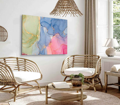 Bella Home Green Blue Pink & Gold Abstract Print Canvas Ready to hang