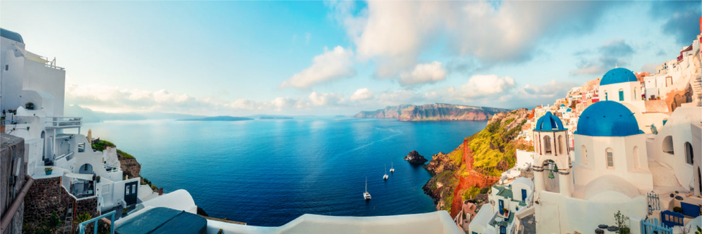 Panoramic Canvas Bright Morning on Santorini Island Sunrise High Quality 100% Australian made wall Canvas Print ready to hang