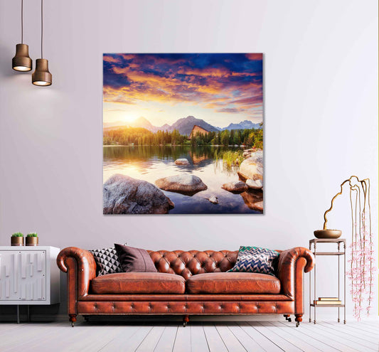 Square Canvas Lake Strbske Pleso Mountain & Sunrise High Quality Print 100% Australian Made