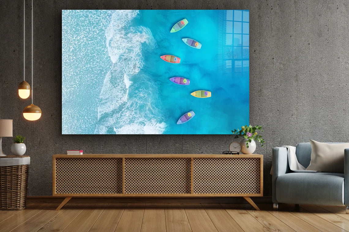 Aerial Beach & Boats Print Tempered Glass Wall Art 100% Made in Australia Ready to Hang