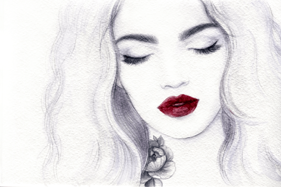 Makeup Woman Face with Red Lips B&W Watercolor Painting Print 100% Australian Made