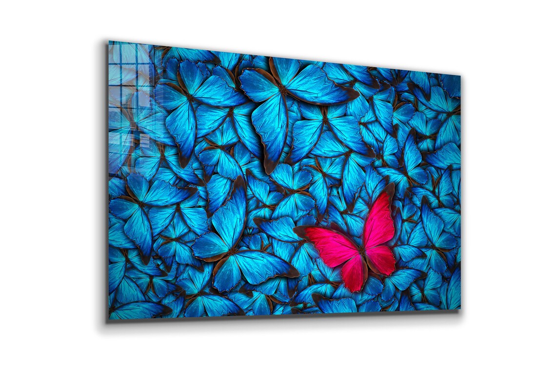 Blue Abstract Butterfly Print Tempered Glass Wall Art 100% Made in Australia Ready to Hang