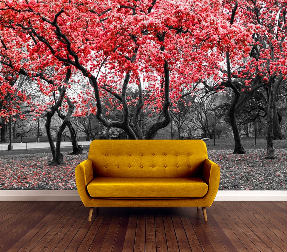 Wallpaper Murals Peel and Stick Removable Red Leafy Tree Forest Photograph High Quality