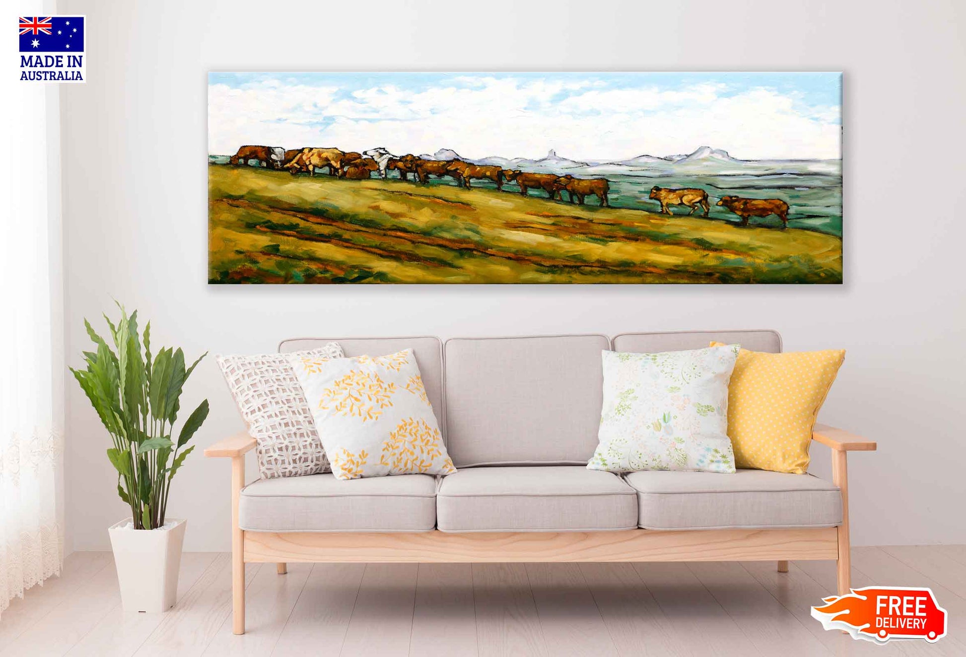 Panoramic Canvas Maleny Australia Cows Eating High Quality 100% Australian Made Wall Canvas Print Ready to Hang