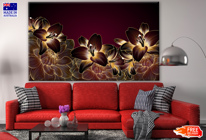 Luxurious Vintage Pattern with Golden Dahlia Flowers Red Background Print 100% Australian Made