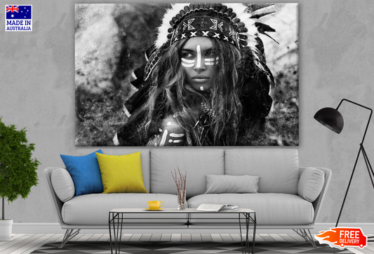 Warrior Girl with Feather Headdress B&W Photograph Print 100% Australian Made
