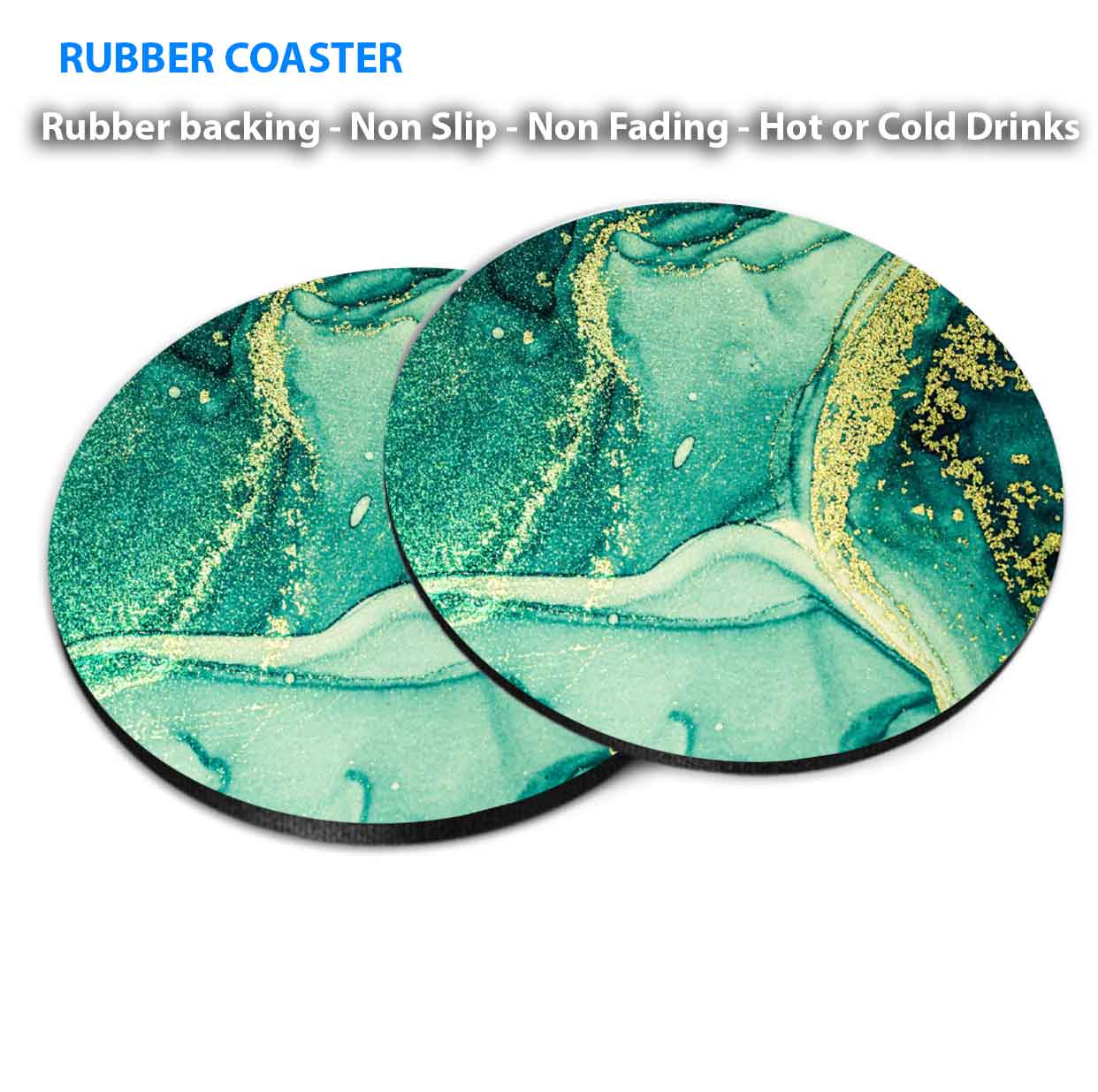 Green Gold Splash Abstract Design Coasters Wood & Rubber - Set of 6 Coasters