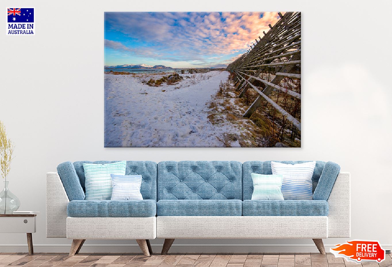 Wooden Fence on Snow Field View Photograph Print 100% Australian Made