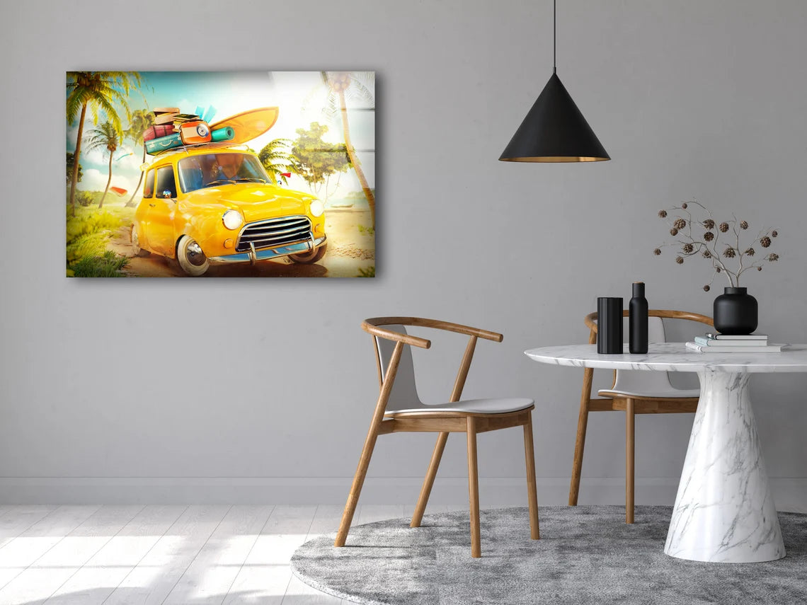 Yellow Car with Surf Boards Photograph Acrylic Glass Print Tempered Glass Wall Art 100% Made in Australia Ready to Hang