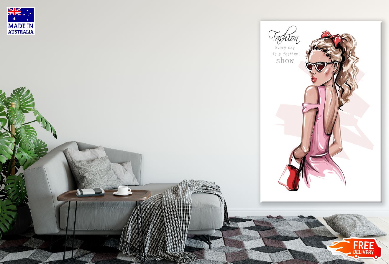 Fashion Women with Pink Dress Illustration Print 100% Australian Made