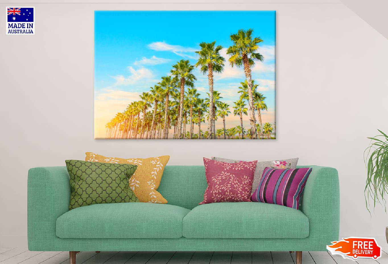 Row of Palm Trees Blue Sky Sunset Photograph Print 100% Australian Made