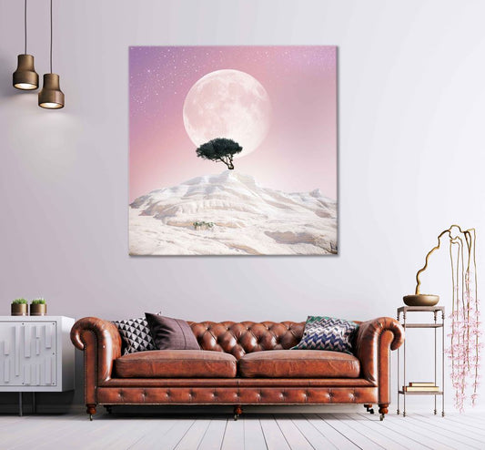 Square Canvas Lonely Tree & Moon Pink Sky View High Quality Print 100% Australian Made