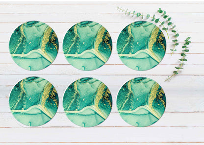 Green Gold Splash Abstract Design Coasters Wood & Rubber - Set of 6 Coasters