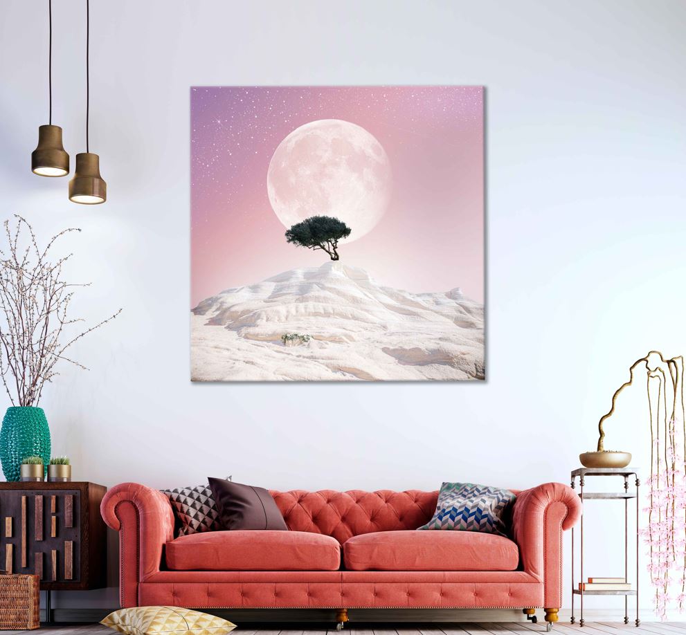 Square Canvas Lonely Tree & Moon Pink Sky View High Quality Print 100% Australian Made