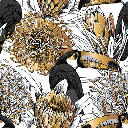 Square Canvas Gold & Black Floral & Bird Design High Quality Print 100% Australian Made