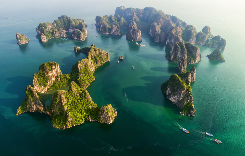 Wallpaper Murals Peel and Stick Removable Aerial View Floating Fishing Village & Rock Island, Halong Bay, Vietnam High Quality