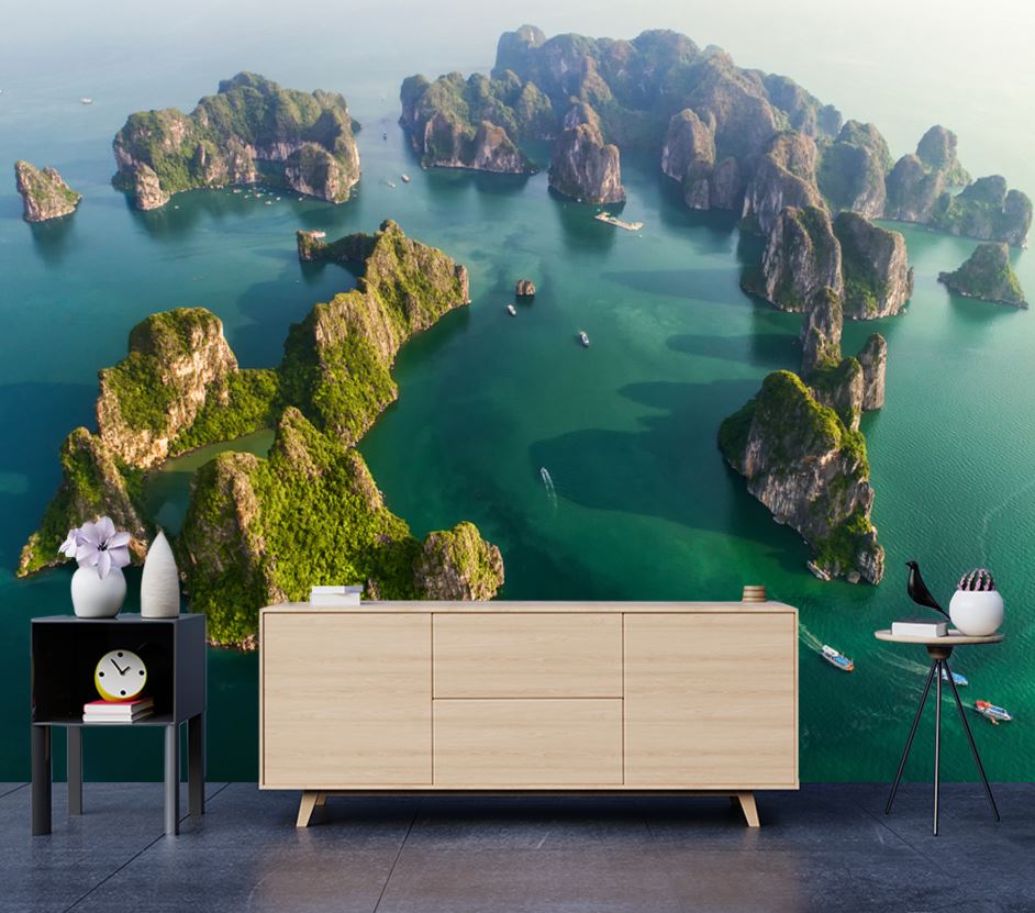 Wallpaper Murals Peel and Stick Removable Aerial View Floating Fishing Village & Rock Island, Halong Bay, Vietnam High Quality