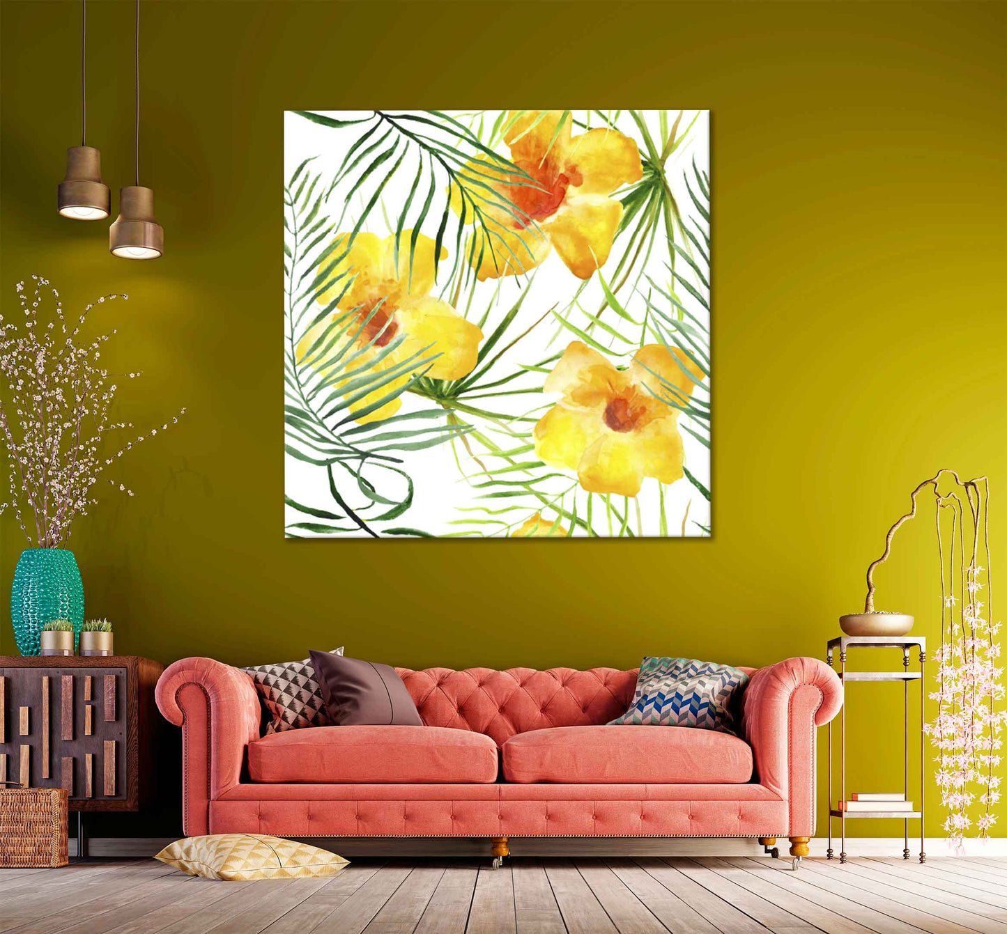 Square Canvas Yellow Flowers & Leaves Art High Quality Print 100% Australian Made