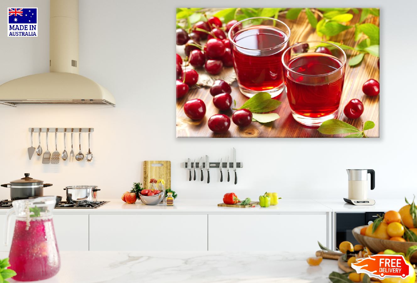 Cold Cherry Juice Glasses with Fresh Berries Photograph Print 100% Australian Made