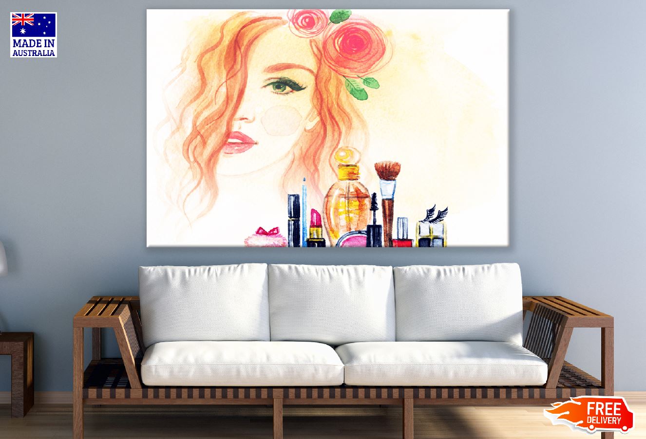 Woman Face and Makeup Products Watercolor Painting Print 100% Australian Made