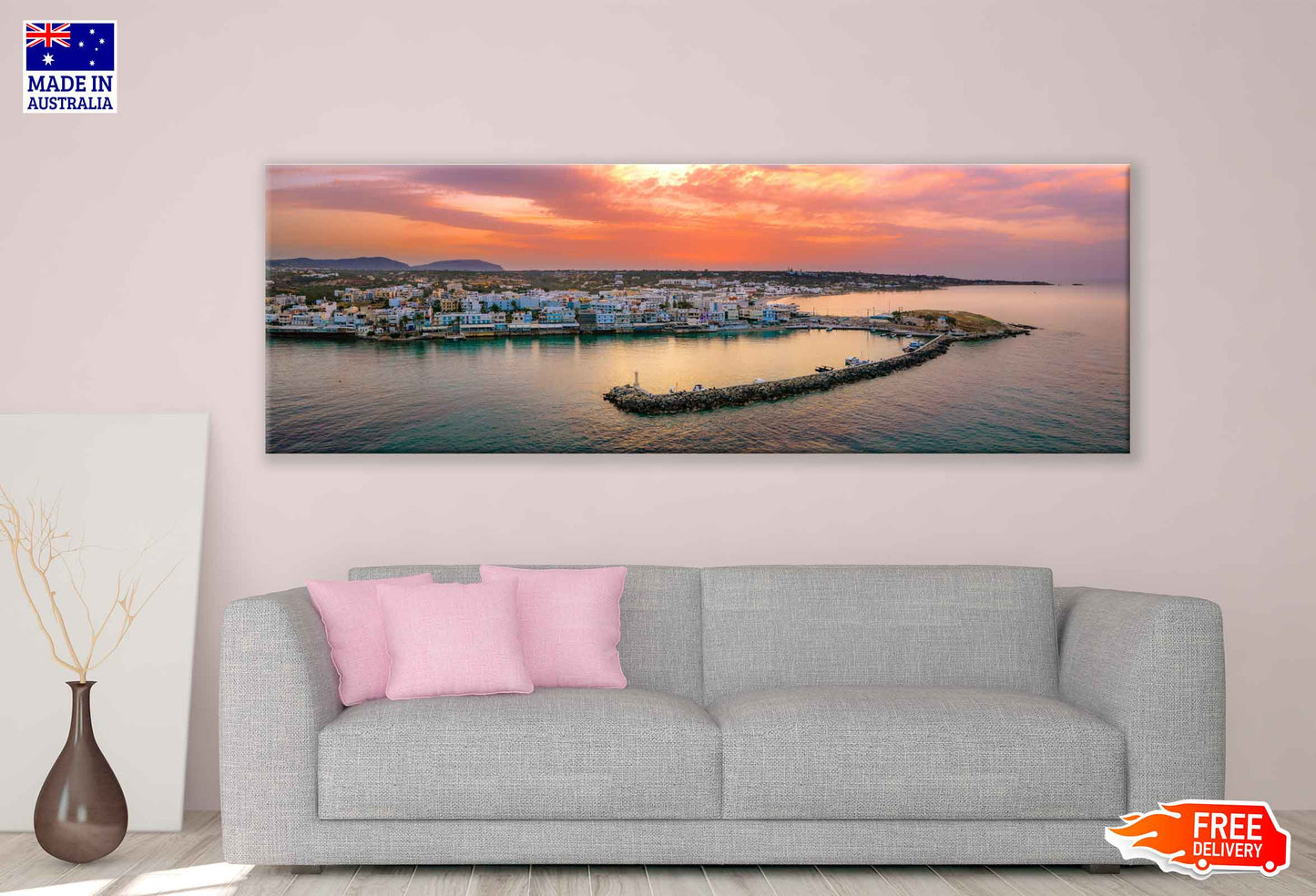 Panoramic Canvas Resort Chersonissos With Pink Sky High Quality 100% Australian Made Wall Canvas Print Ready to Hang