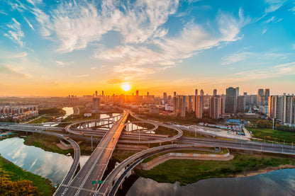 Bella Home Sunrise & Flyover of Urban Overpass Print Canvas Ready to hang