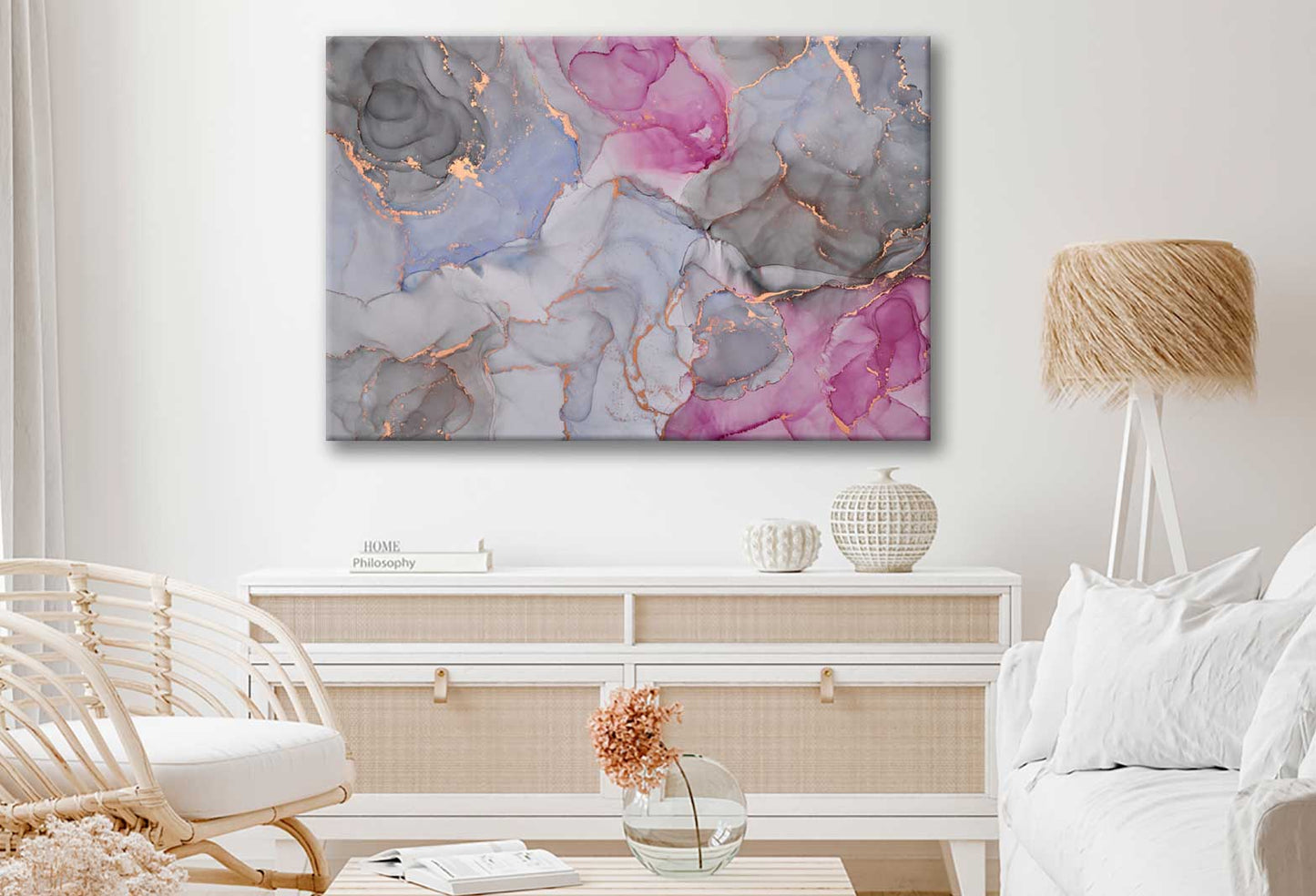 Bella Home Grey Pink & Gold Fluid Abstract Print Canvas Ready to hang