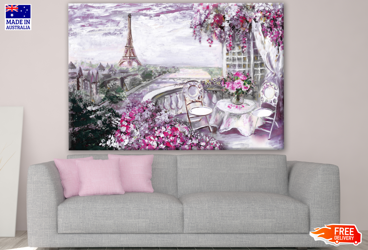 Summer Cafe in Paris City Landscape View Eiffel Tower Oil Painting Print 100% Australian Made