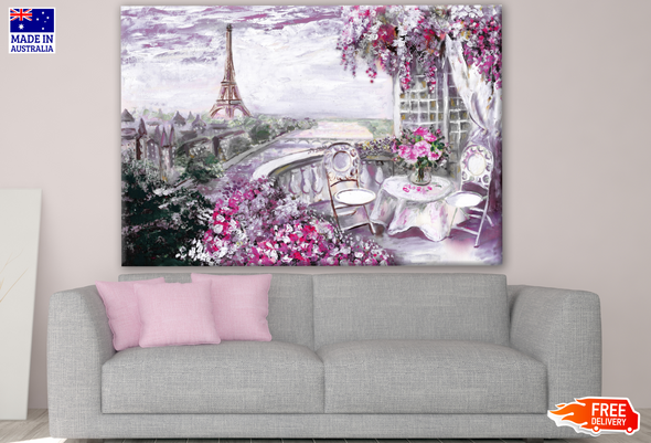 Summer Cafe in Paris City Landscape View Eiffel Tower Oil Painting Print 100% Australian Made