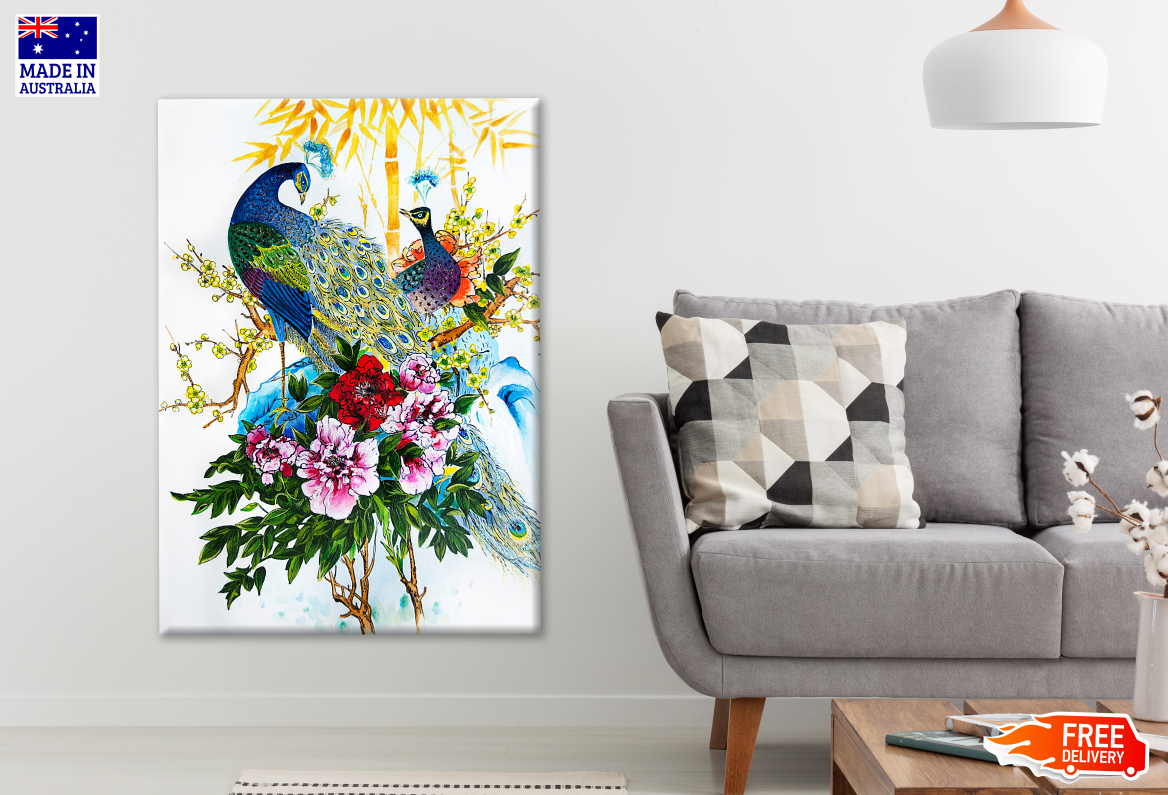 A Pair of Peacocks on a Tree Branch Painting Print 100% Australian Made