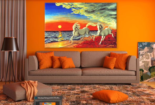 Horse Couple Running On Sea Shore Sunset Beach Painting Print 100% Australian Made