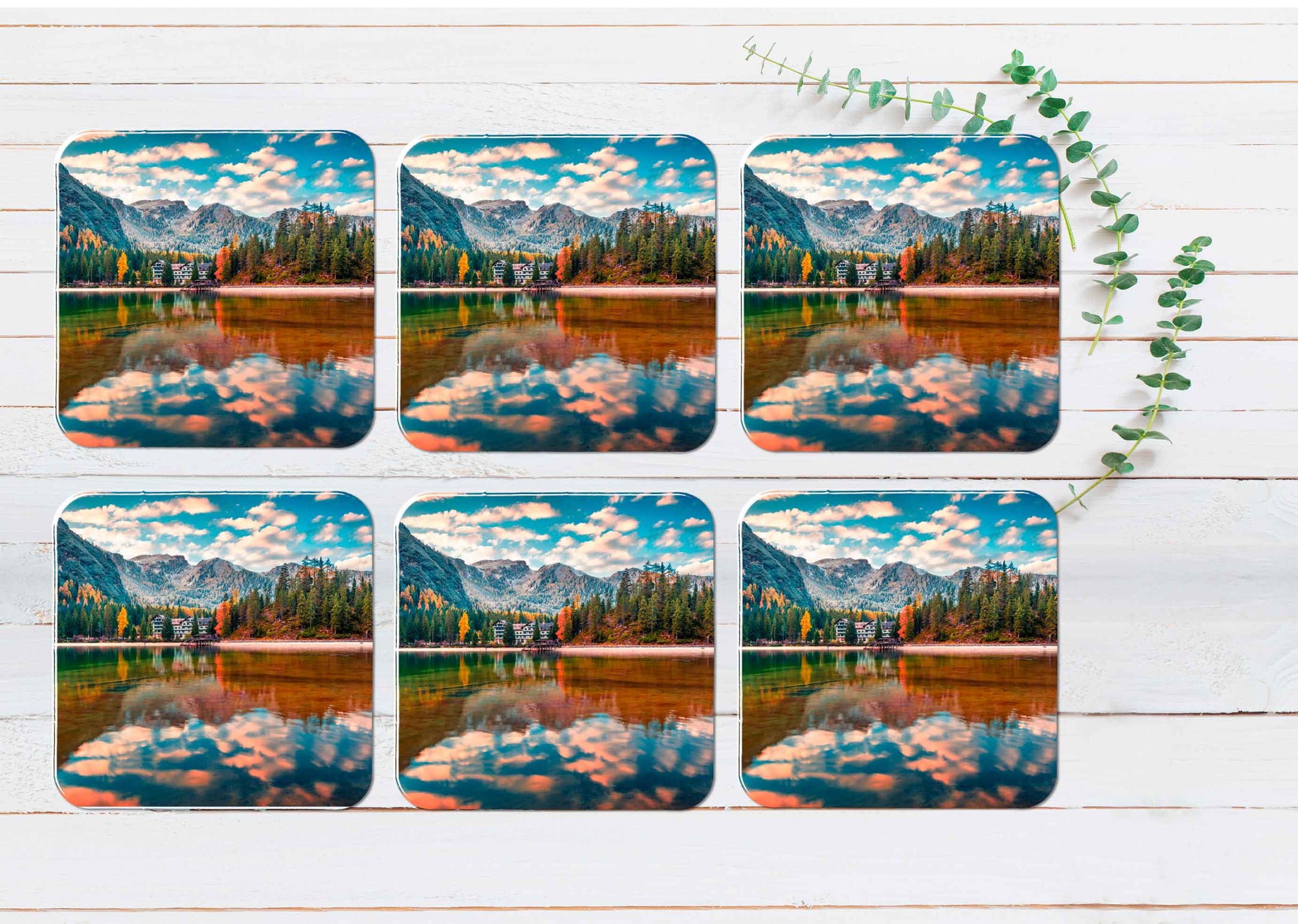 Morning View of Braies Lake in Italy Coasters Wood & Rubber - Set of 6 Coasters